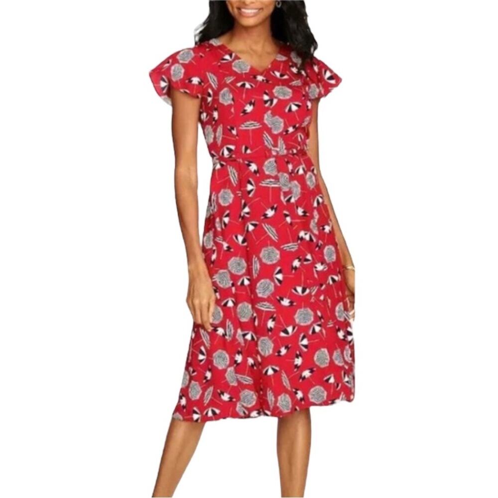 Talbots Red Umbrella Blue White Pattern Patriotic Midi Modest Dress